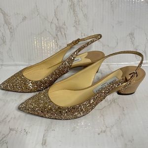 Jimmy Choo Gemma Ballet Glitter Slingback Block Heel Pink Tan Size 38